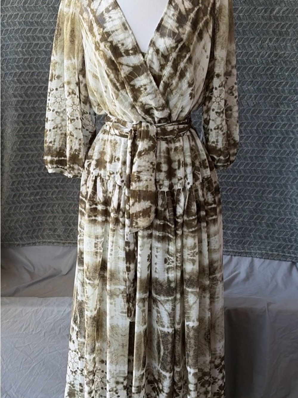 Calvin Klein Cream and Brown Tie-Dye Wrap Maxi Dress